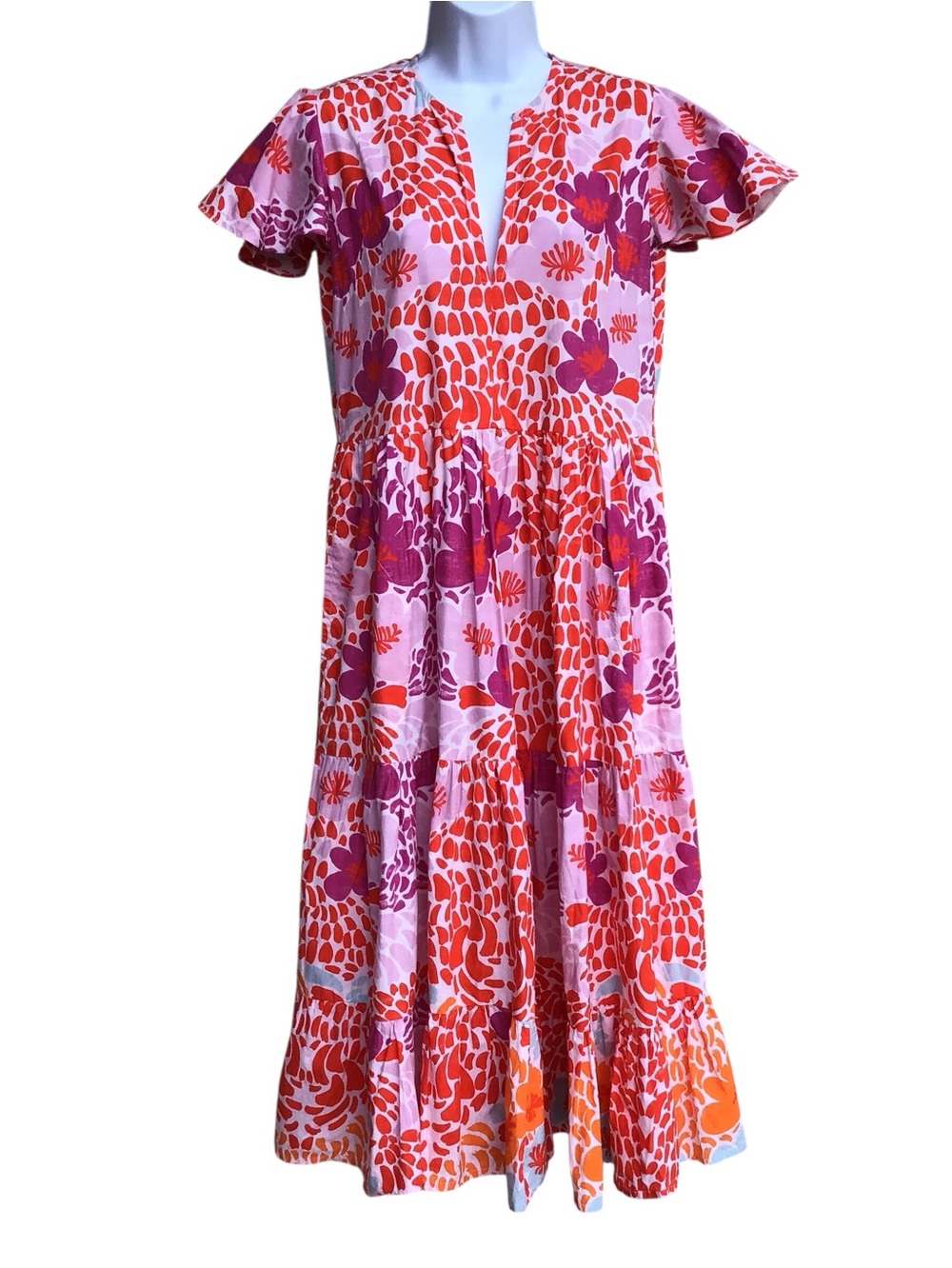Oliphant Multi Color Floral Flutter Sleeve Tiered Midi Dress